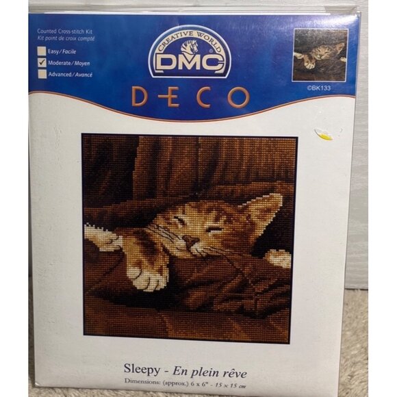 DMC Deco Sleepy Cat Counted Cross Stitch Kit 6"x6" Kitten Easy Quick - Picture 1 of 5
